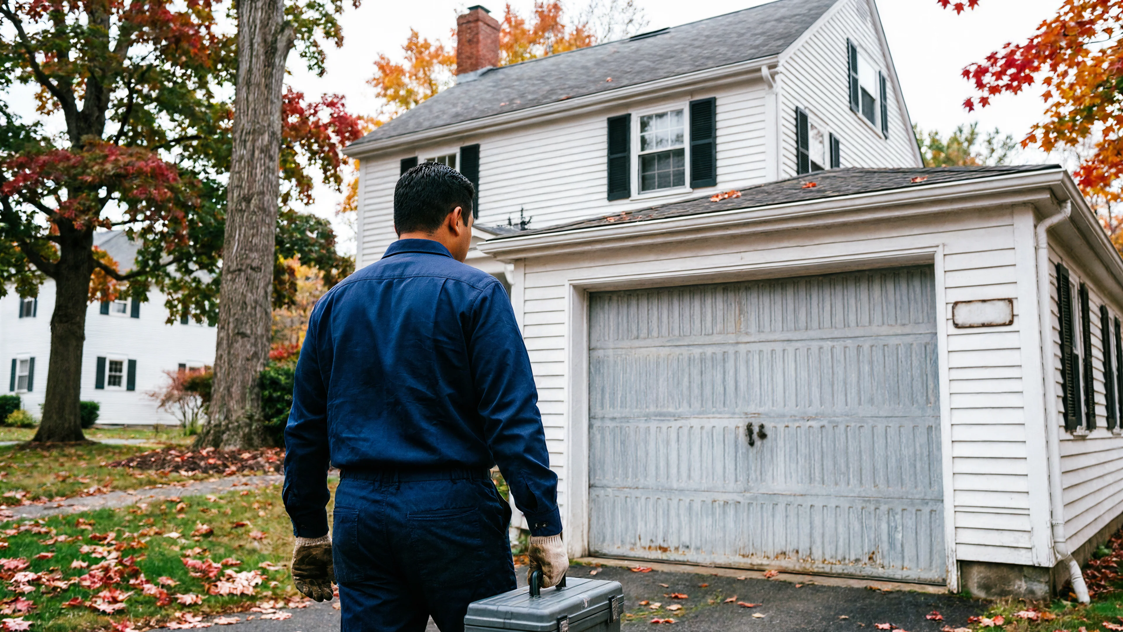 A technician in a blue uniform carries a toolbox toward a white house with a garage.